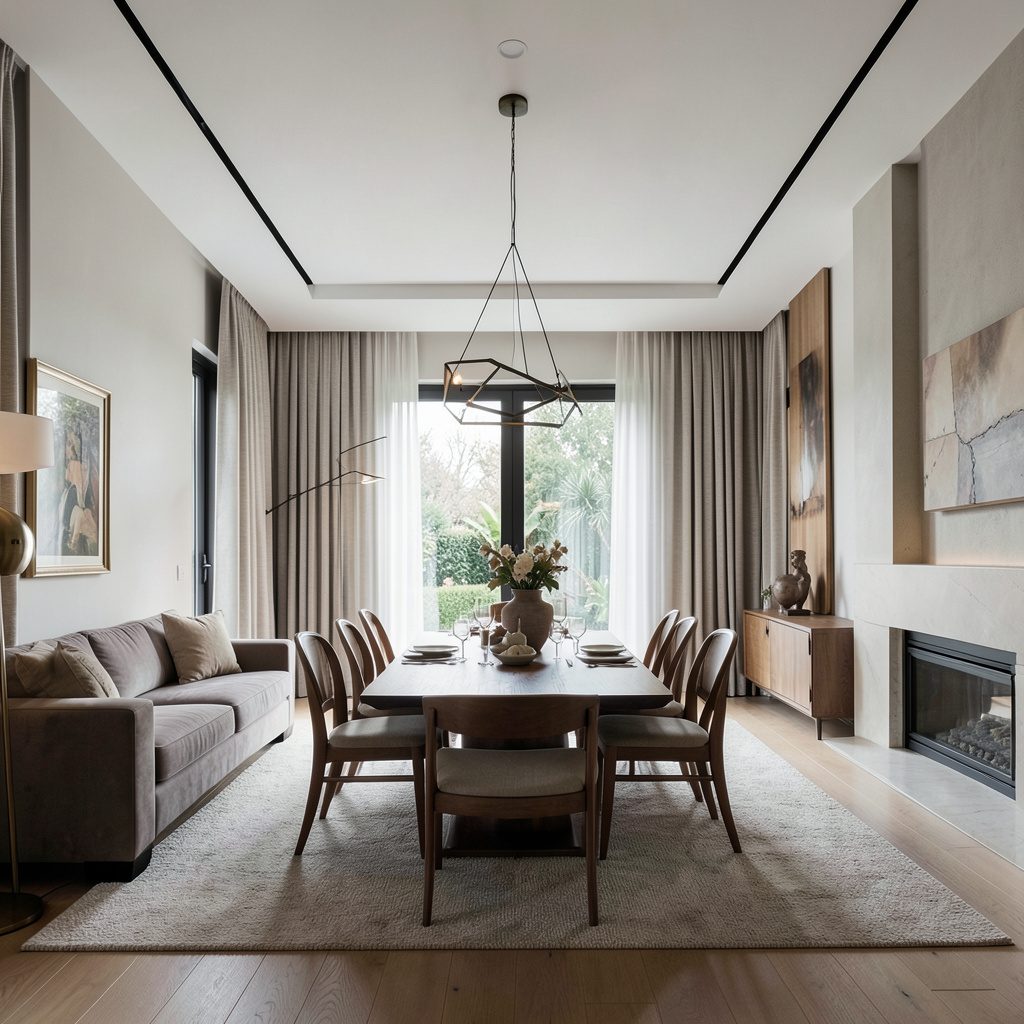 An elegant living and dining room interior with warm wood tones, patterned rugs, and soft ambient lighting, calm and refined mood